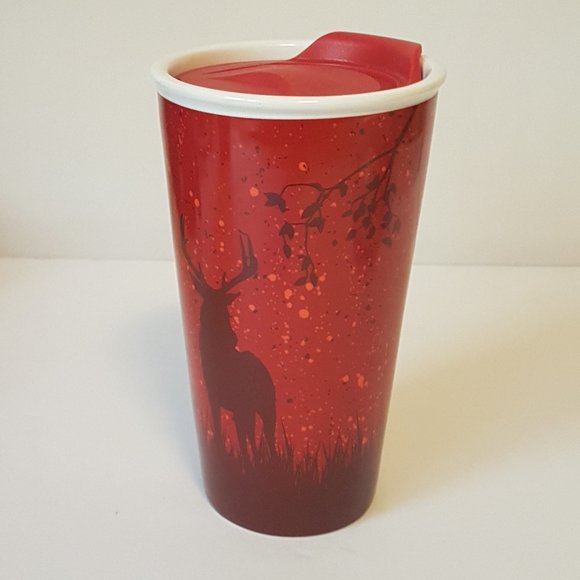 Tim Hortons 2017 Travel Mug Lidded Tumbler Deer Elk Trees Winter Holiday Red - Picture 7 of 16